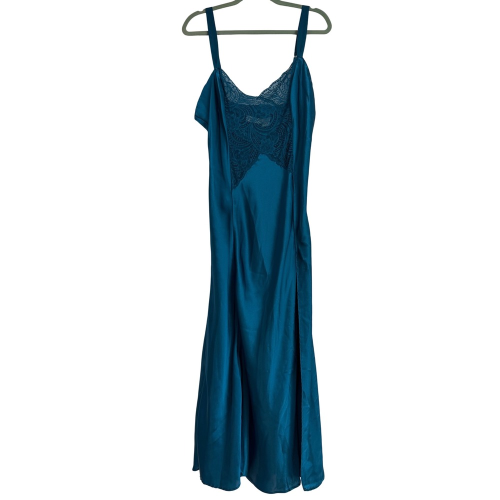 Victoria's Secret Gold Label Vintage Slip Dress Women L Teal Lace Satin Coquette